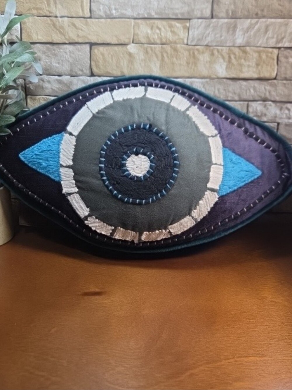 World Market Velvet Embroidered Evil Eye Pillow Eclectic Mystical LRG
